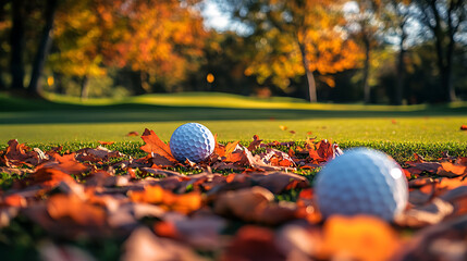 Golf Balls Nestled Amongst Autumn Leaves on a Vibrant Golf Course