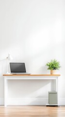 Fototapeta premium Serene Workspace: Minimalist Desk with Laptop, Lamp, and Plant for Productive Work and Stylish Home Office Decor