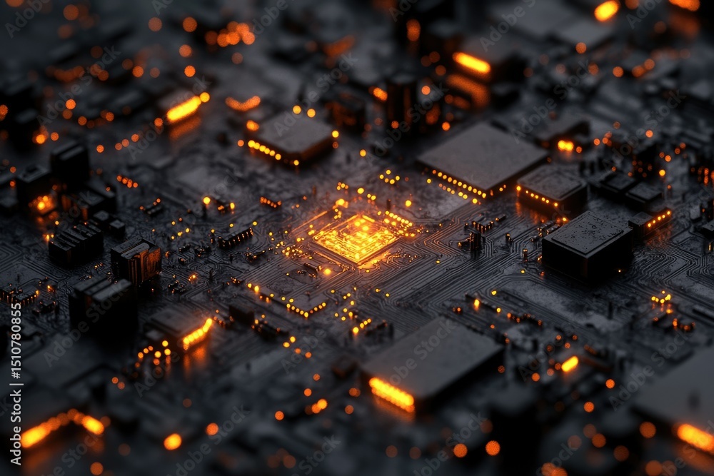 Fototapete close-up view of a glowing circuit board, showcasing intricate details and illuminated components.