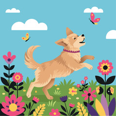 Happy dog playing with colorful butterflies in vibrant flower garden vector illustration 