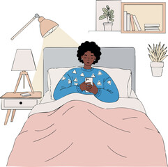 Woman using smartphone in bed with pink blanket and warm lighting vector illustration 