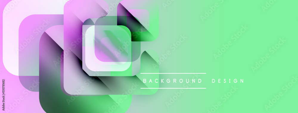 Poster abstract geometric shapes overlap, creating vibrant pastel gradients. light green dominates right si