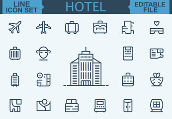 Hotel Line Icon Set Room, Reception, Taxi, Booking, Hostel, Key Card, Check-In, Passport, Safe, Laundry, Fitness, and Pool Symbols in Vector Illustration