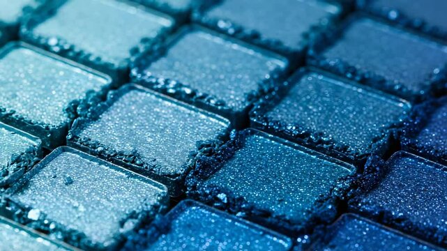 Luminous blue eyeshadow palette, close-up, makeup products, cosmetic texture