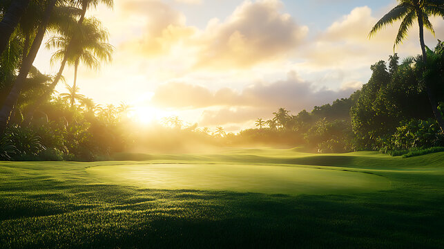 Sunrise Over a Lush Golf Course with Palm Trees and Rolling Greens