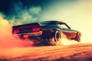 unbranded car, a muscle car in the smoke from burning rubber wheels, drifting, fast burnout