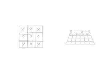 Simple hand drawn illustrations of tic tac toe game and chessboard for strategy concepts
