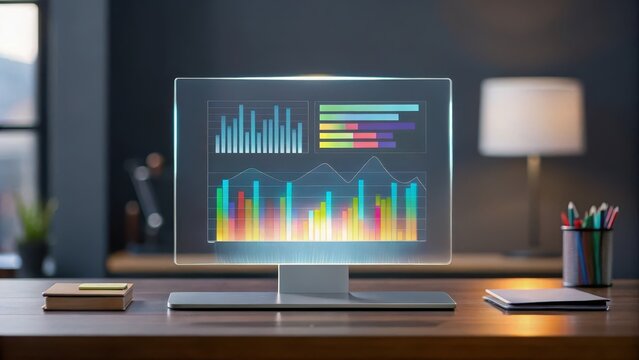 Analyzing climate change energy transition strategies with holographic data visualization in a modern office environment