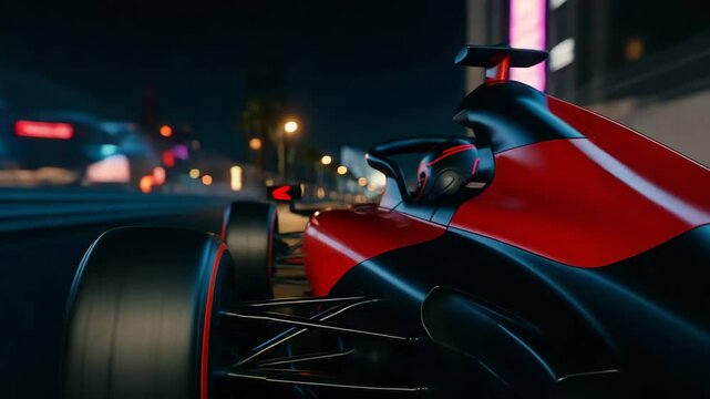 A view of a racing car driving at night through a street circuit