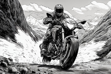 a man, an athlete, riding his sports motorcycle through breathtaking mountain landscapes, a black-and-white storyboard-style drawing