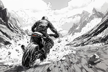 a man, an athlete, riding his sports motorcycle through breathtaking mountain landscapes, a black-and-white storyboard-style drawing