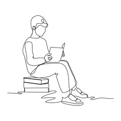 Continuous line drawing child boy sitting and read a book. Single line concept of education. Vector illustration sketch editable stroke
