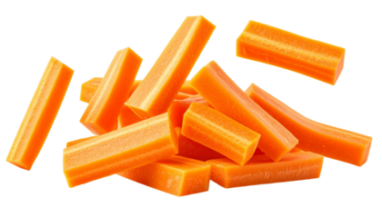 Fresh carrot sticks falling and accumulating on a transparent background, perfect for healthy eating and food related projects