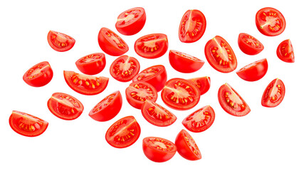 Vibrant cherry tomato halves descending, creating dynamic culinary imagery with fresh, clean composition on transparent backdrop