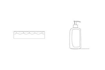 Continuous line drawing of a ruler and soap dispenser representing measurement and hygiene