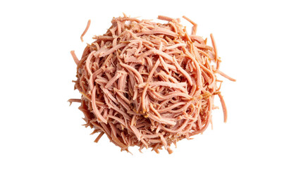 Spiral shaped pulled pork heap swirling with tender, shredded meat strands against clean transparent background