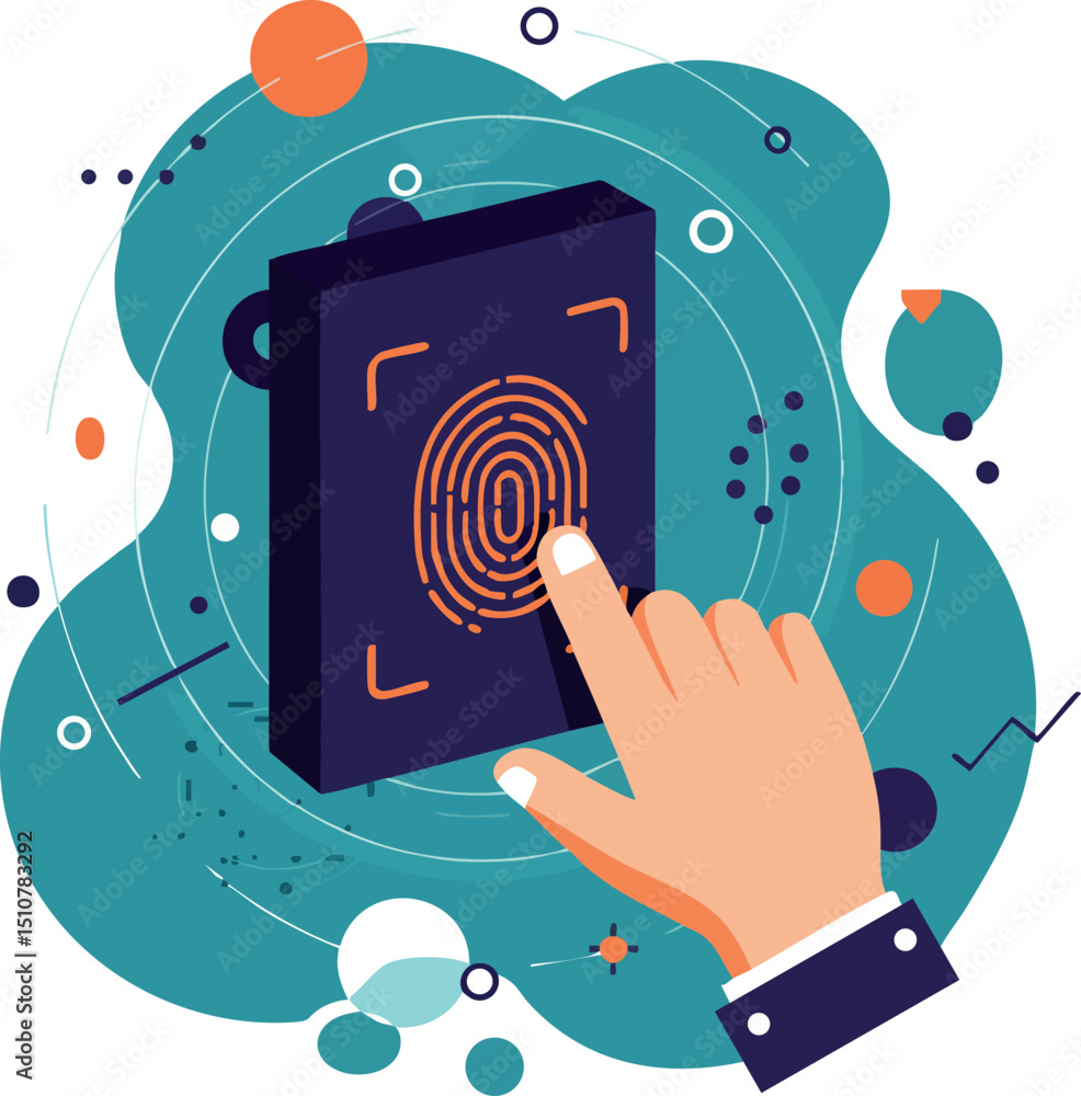 Aufkleber fingerprint security access system with hand and digital scanner vector illustration