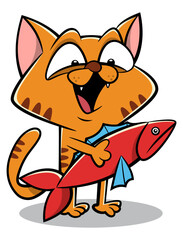 Funny Kitten cartoon characters catching a fish with its hand. Best for sticker, logo, and mascot with Pet themes