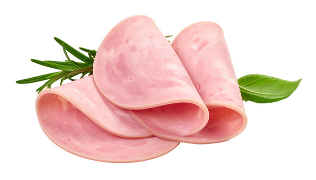 Three slices of pink cooked ham with basil and rosemary on transparent background, ready to be enjoyed