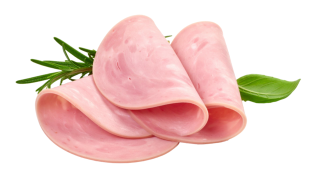 Three slices of pink cooked ham with basil and rosemary on transparent background, ready to be enjoyed