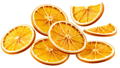 Obraz premium Dried orange slices falling, transparent backdrop revealing crisp textural details