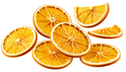 Dried orange slices falling, transparent backdrop revealing crisp textural details