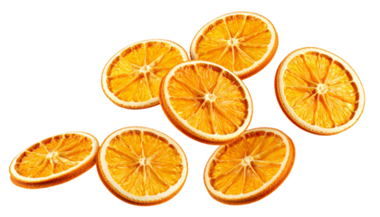 Dried orange round slices suspended in midair, cascading against transparent backdrop with vivid color harmony