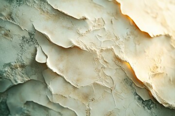 Naklejka premium Close-up of textured, peeling paint on a wall, showing layers of beige and off-white colors with hints of green underneath.