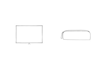 Simple outline illustrations of projector screen and pencil case isolated on white background