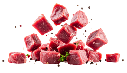 Game meat cubes tumbling, scattering mixed spices against translucent backdrop, highlighting culinary texture and movement