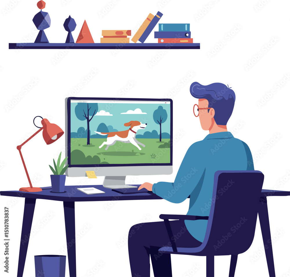 Poster man sitting at desk watching dog running on computer screen vector illustration workspace