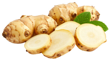 Jerusalem artichoke tubers, whole and halved, featuring mint garnish, displayed on transparent surface, highlighting nutritional value and culinary versatility