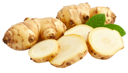 Jerusalem artichoke tubers, whole and halved, featuring mint garnish, displayed on transparent surface, highlighting nutritional value and culinary versatility