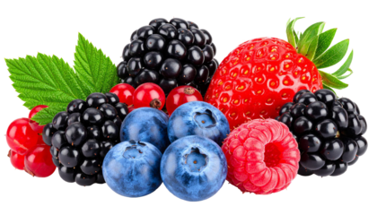 Mix of freshly picked blackberries, blueberries, strawberries, raspberries and redcurrants with leaves isolated on transparent background