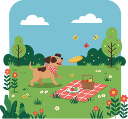 Dog Playing with Frisbee at Picnic in Green Park with Trees and Flowers Vector Illustration 