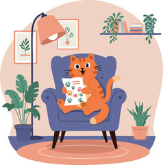 Cute orange cat sitting on blue armchair holding paper in cozy living room vector illustration 