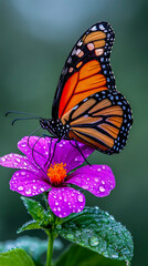 Obraz premium Stunning Monarch Butterfly Macro Photography on Purple Flower with Dew Drops for Nature and Conservation Marketing