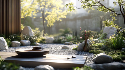 Zen Garden with Stone Pathway and Teacup, Surrounded by Greenery and Rocks