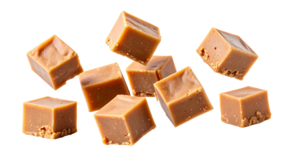 Caramel fudge candies dropping through transparent space, revealing rich golden brown texture