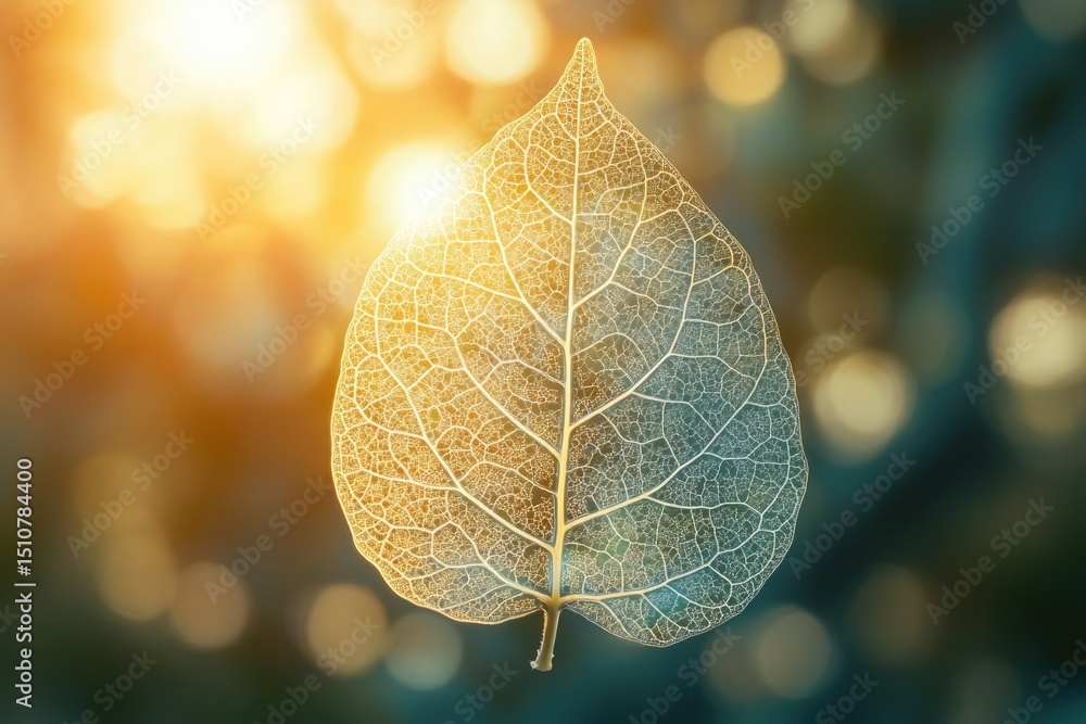 Poster a delicate, translucent leaf skeleton backlit by warm sunlight, creating a beautiful natural bokeh e