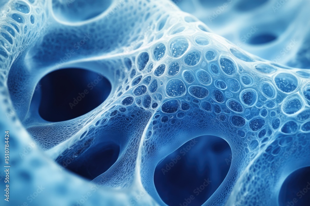 Poster abstract blue network with interconnected nodes and cavities, resembling a complex biological struct