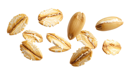 Multiple steel cut oat flakes falling against a transparent background, ideal for food and beverage marketing materials