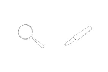 Minimalist line art illustration of a magnifying glass and a marker pen isolated on white