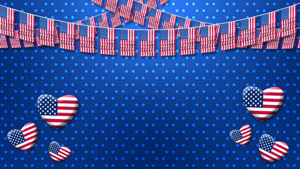 usa national holiday and events celebration decoration background with usa flag and heart shape on blue star background with gradient colours shade.