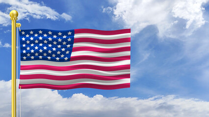 waving national flag of united states of america in blue sky environment with golden flag pole. concept for national holiday and events.
