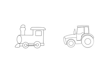 Outlined illustration of a train and tractor against a clean white background