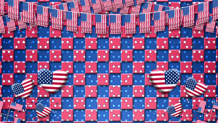 decoration for united states of america national holiday and events with heart shapes, stars and flags. copy space for greetings and blessings.