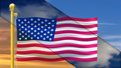 united states of america national flag waving in sunrise, afternoon and evening time with different colour shade. beautiful three time usa flag illustration in one frame.