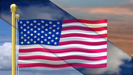 usa flag waving in three different weather conditions in one frame. concept for national weather news.