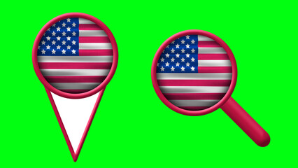 location and search icon in usa flag texture on green screen. map pointing and search usa icon illustration.